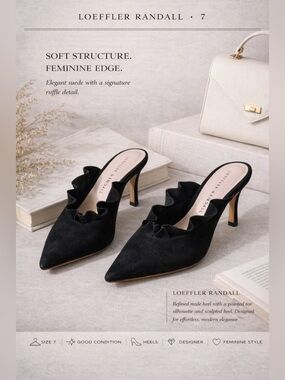 Loeffler Randall Black Suede Ruffle Mule Heels Size 7B